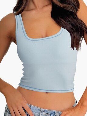 Light Blue Ribbed Tank Top Padded Crop Fitted Tank Top